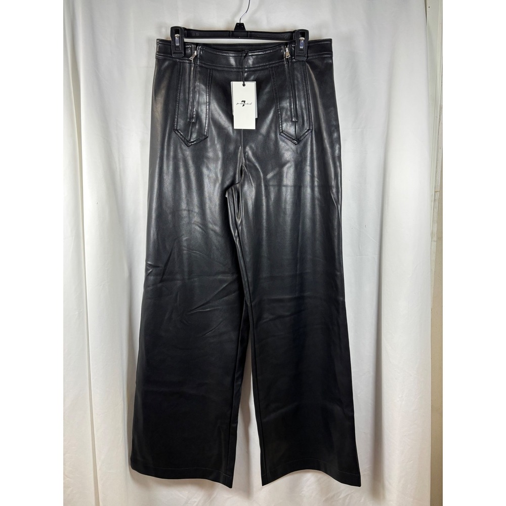 7 For All Mankind Womens Black Faux Leather Wide Leg Zipper Pants Size 10 NEW